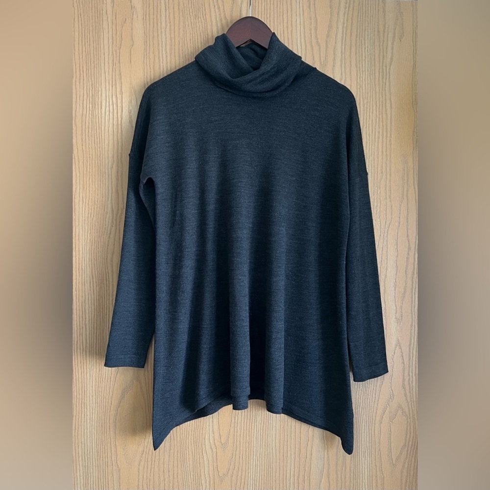 Eileen Fisher | Women’s XS | Dark Gray Cowl Neck Boxy Wool Sweater Asymmetrical